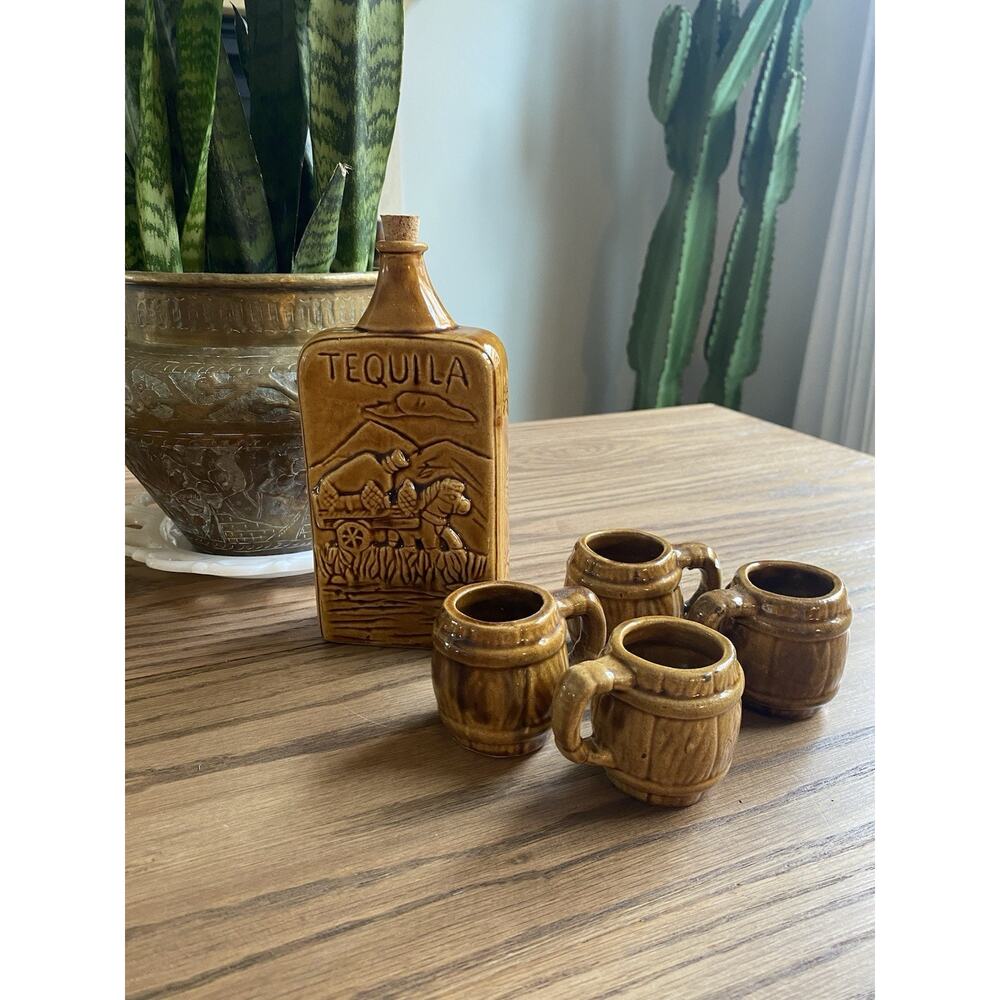 Vintage Ceramic Tequila Decanter with Shot Glasses Mexican Pottery Decanter Set